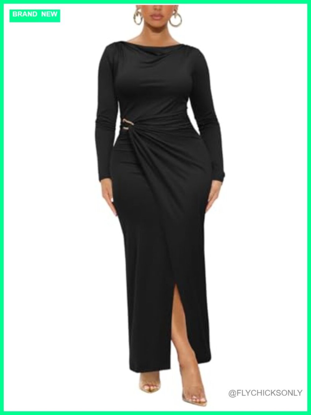 Cowl Neck Long Sleeve Bodycon Maxi Dress with Slit